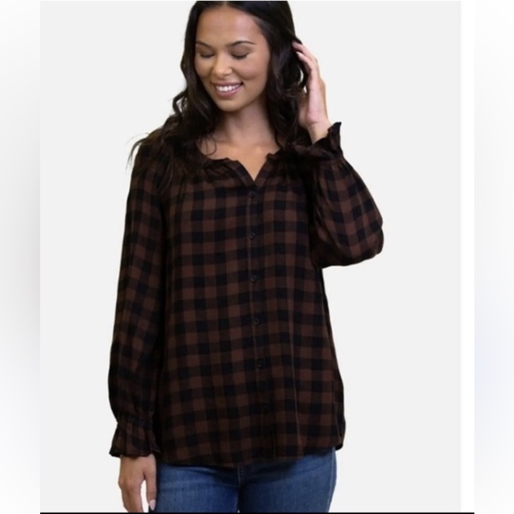 442 beachlunchlounge Plaid Ruffle Sleeve Blouse Black Brown Size Large